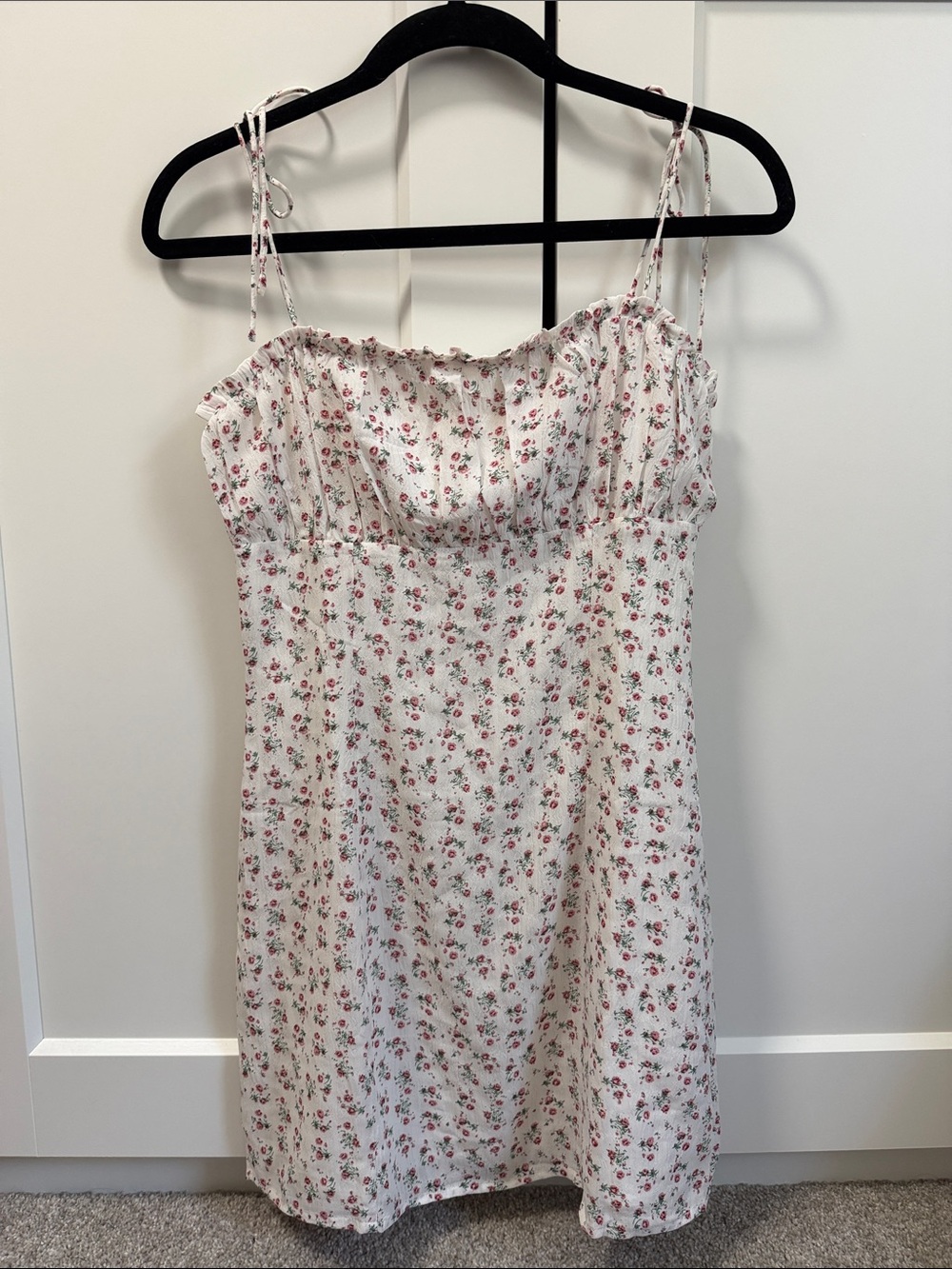 Hello Molly Floral Tie-Strap Slip Dress in White with Pink Roses